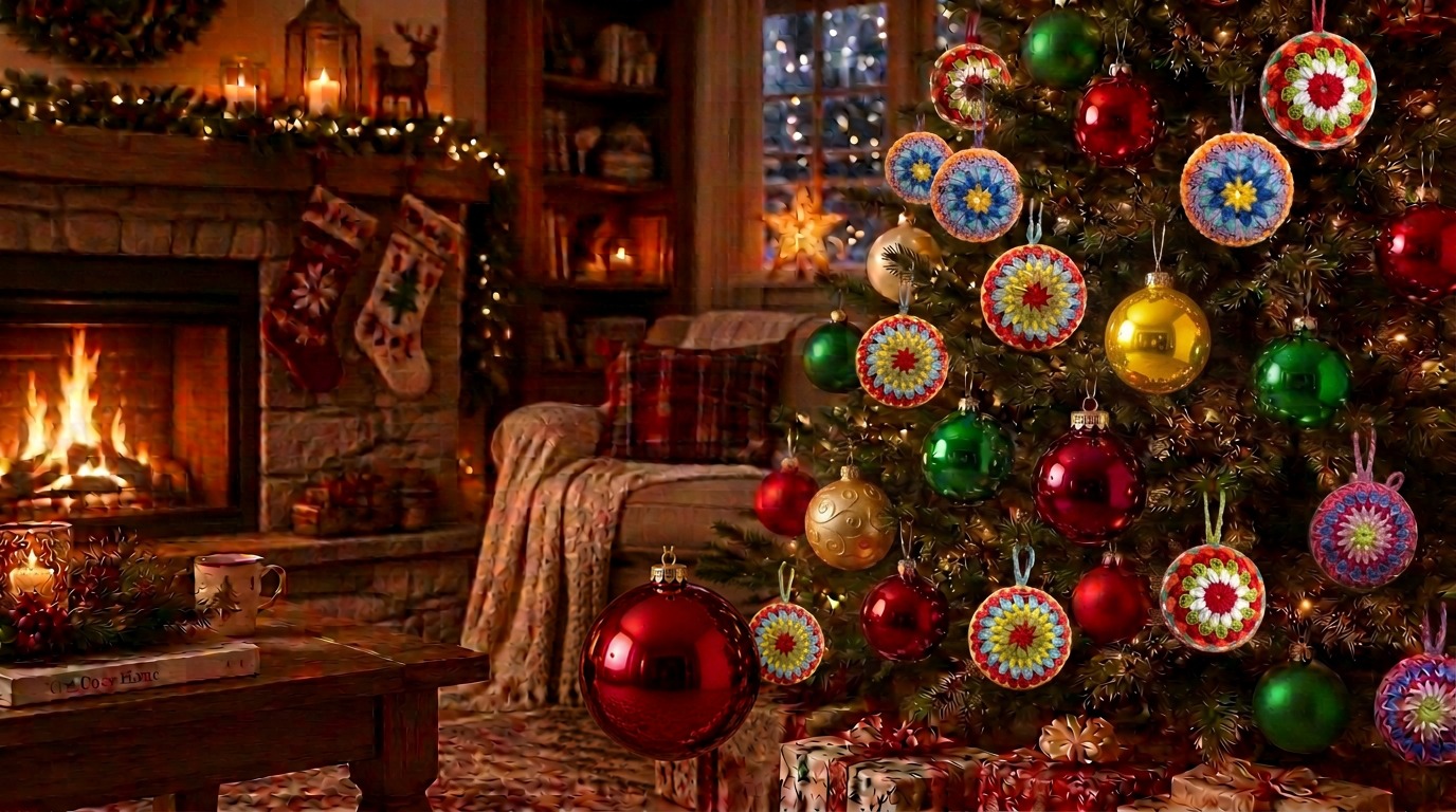 Arbolito navideño decorado con bolas tejidas a crochet en una sala decorada de Navidad