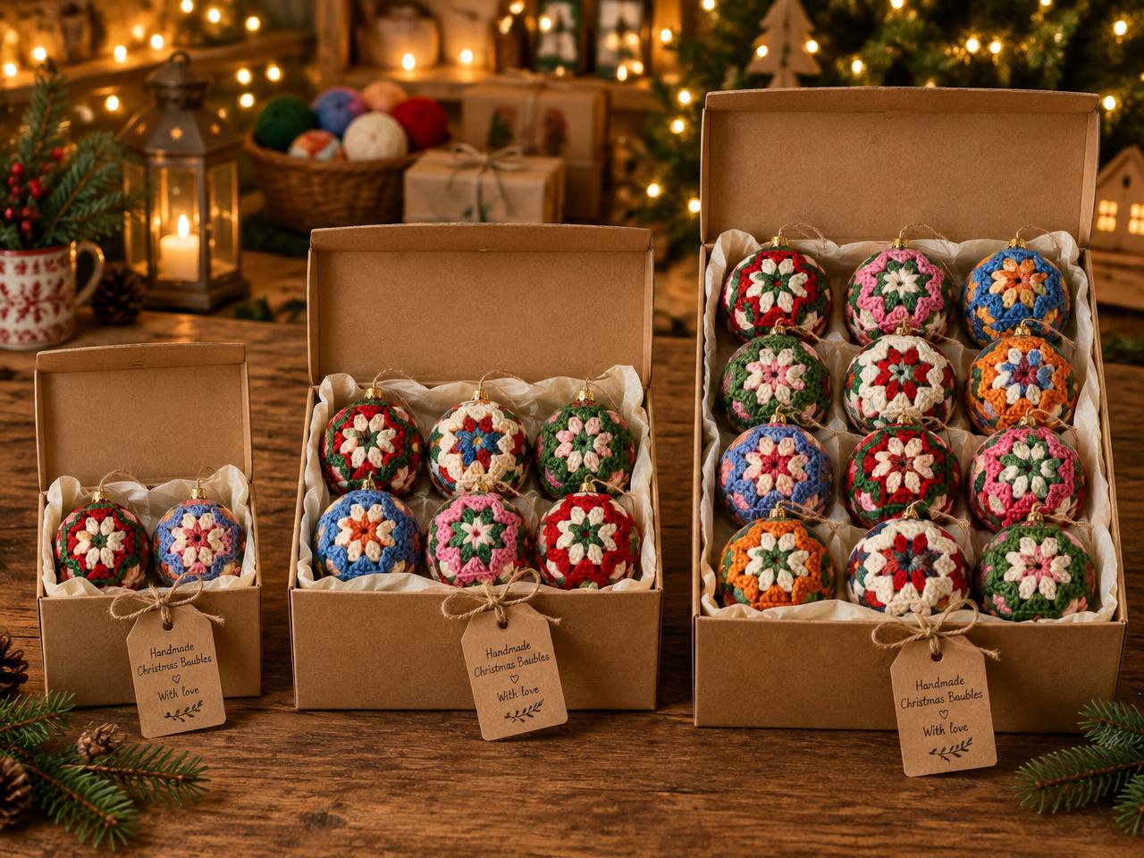 Las tres presentaciones en cajas de cartón listas para entregar: 2, 6 y 12 bolas navideñas tejidas